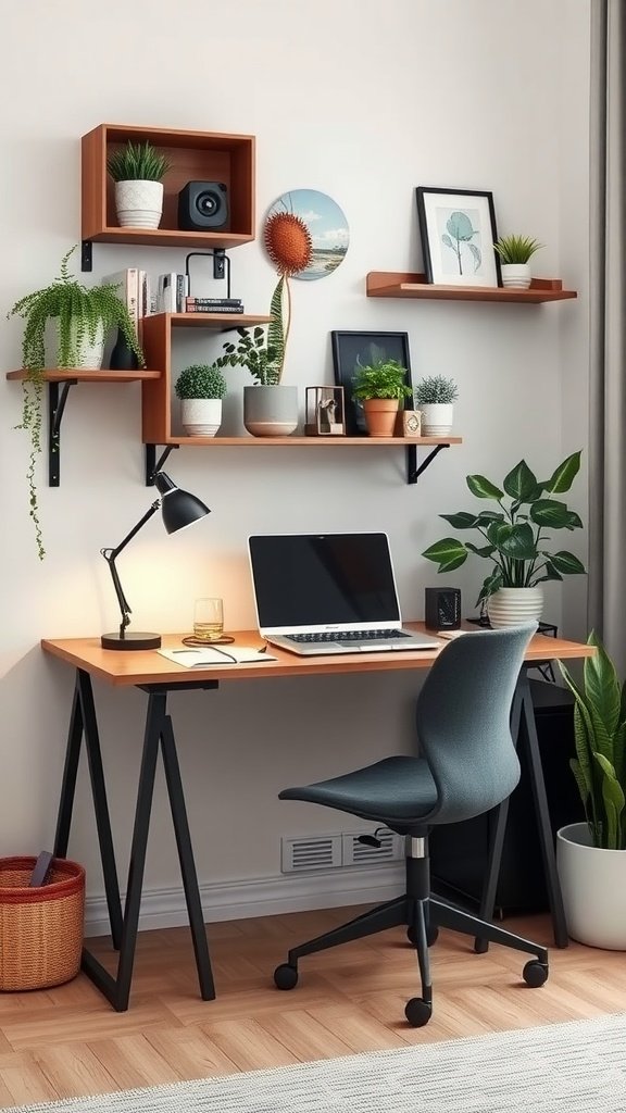A small home office setup featuring a desk with a laptop, shelves with plants, and decorative items.