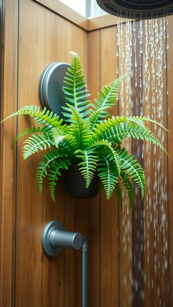 A Staghorn Fern mounted on a wall next to a showerhead, surrounded by wood paneling