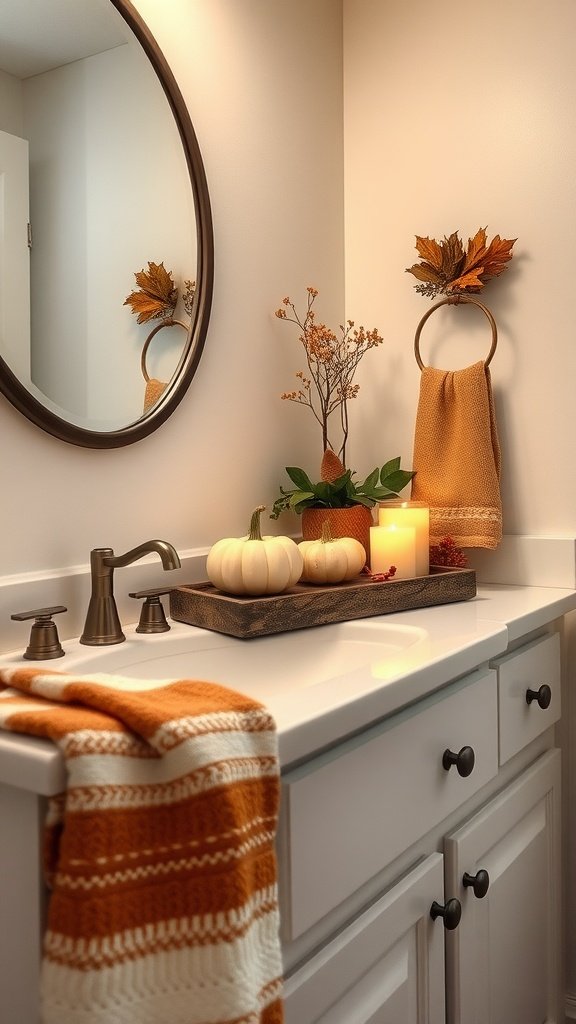 Bathroom counter decorated with fall elements including pumpkins, a candle, and a striped towel.