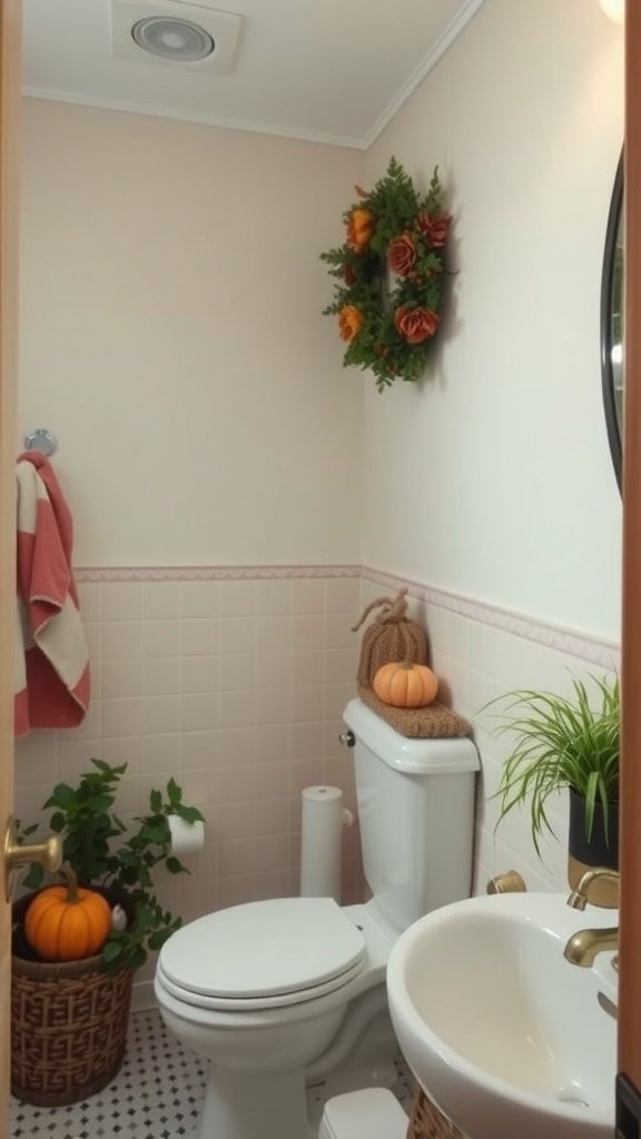 A cozy fall-themed bathroom with a wreath, pumpkins, and plants.