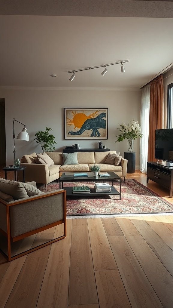 A modern living room featuring a beige sofa, wooden flooring, and a glass coffee table.
