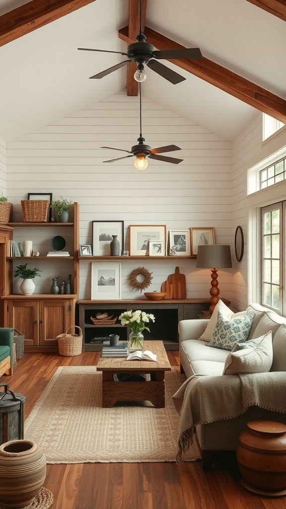 A cozy farmhouse living room with ceiling fans and warm lighting.