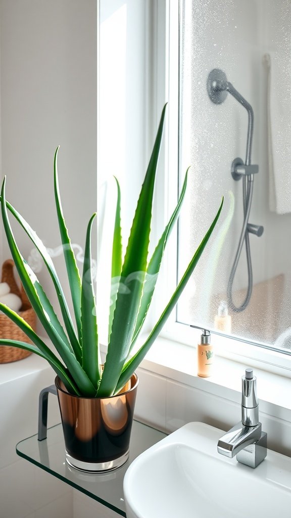 Aloe Vera plant in a bathroom near a window with steam on the glass