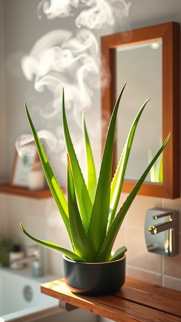Aloe Vera plant in a bathroom setting with soft lighting and steam rising