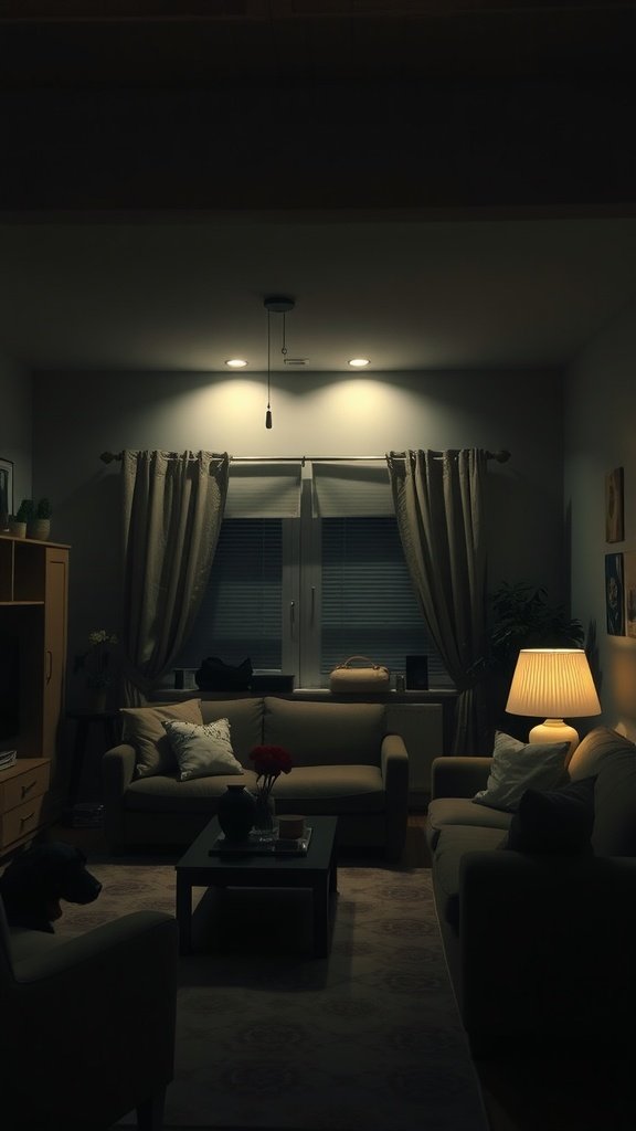 A dimly lit living room with minimal lighting, showing the need for better lighting choices.