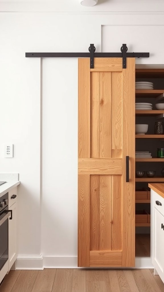 A wooden barn door sliding over a pantry in a kitchen, showcasing a narrow space solution.