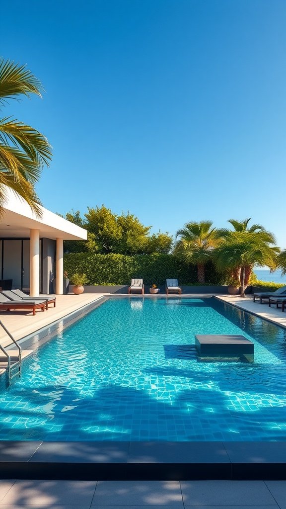 A luxurious rectangular swimming pool with clear water, surrounded by lounge chairs and palm trees under a blue sky.