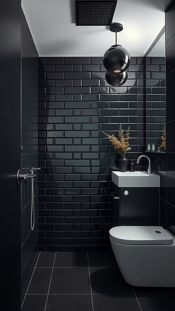 Modern black bathroom with chrome fixtures and stylish decor