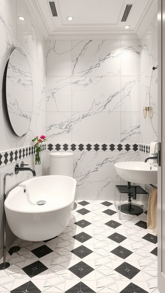A modern bathroom featuring marble walls and a checkerboard floor design.