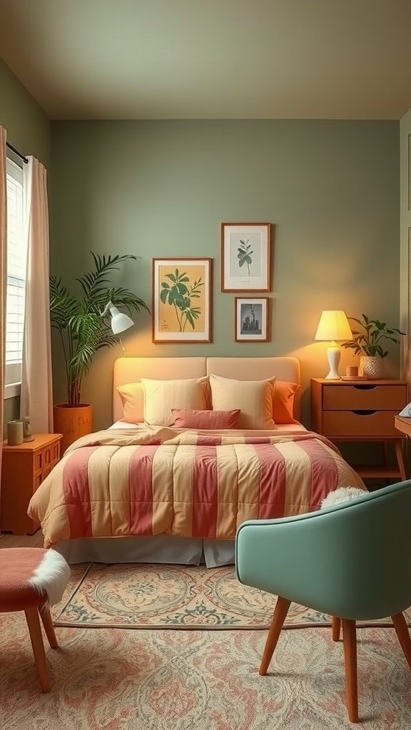A chic retro bedroom featuring sage green walls, peach bedding, and wooden furniture.