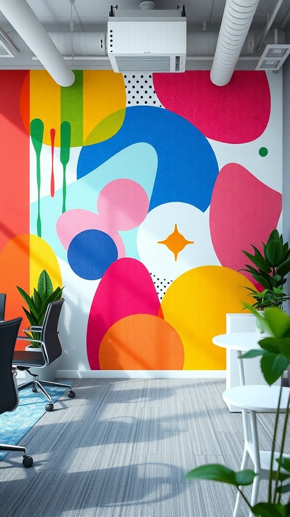 An office space with a colorful artistic wallpaper featuring bold patterns and bright colors.