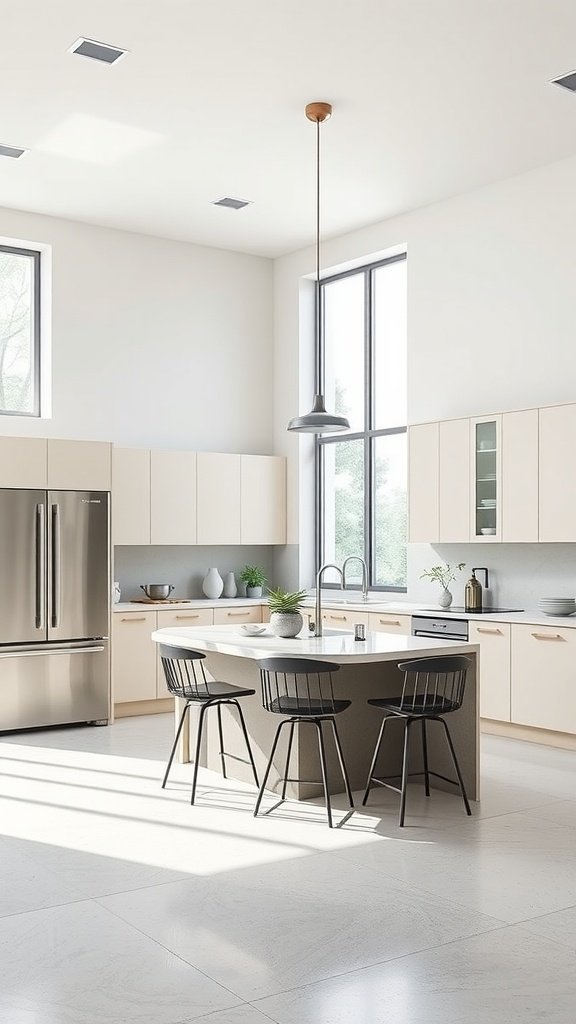 A contemporary U-shaped kitchen with large windows, sleek cabinetry, and a curved center island.