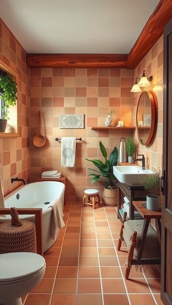Cozy bathroom featuring terracotta tiles on the walls and floor, with plants and wooden accents.