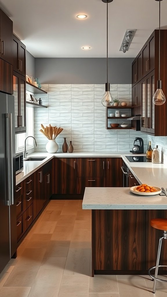 A modern U-shaped kitchen featuring dark wood cabinets, light countertops, and decorative open shelves.
