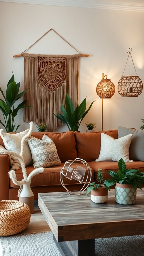 A living room featuring a brown couch with various decorative pillows, plants, and bohemian decor elements.