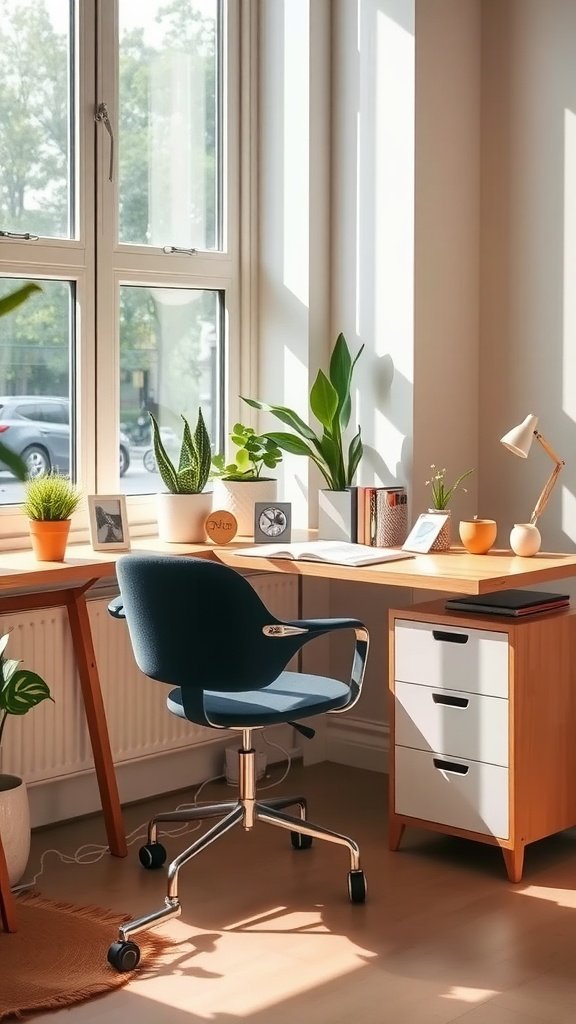 Cozy desk setup around a window with plants and wooden furniture