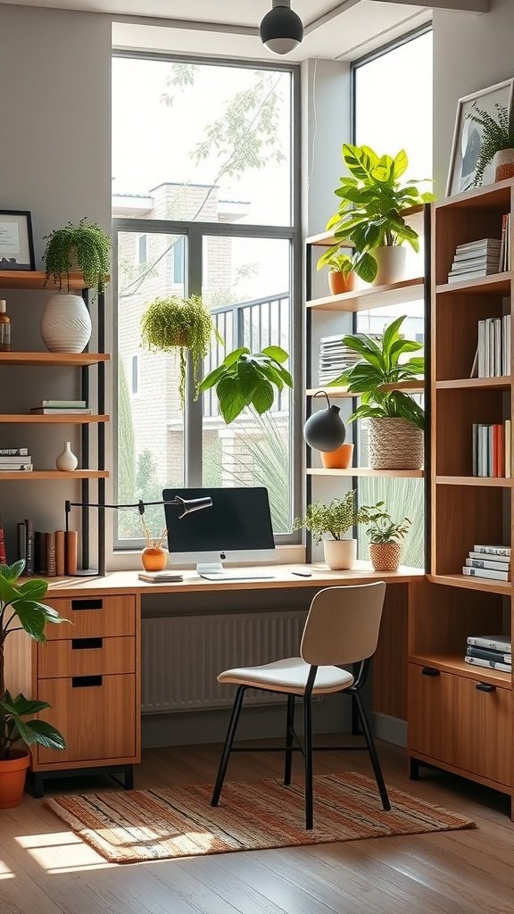 A small home office with a desk integrated into shelving, featuring plants and a modern design.