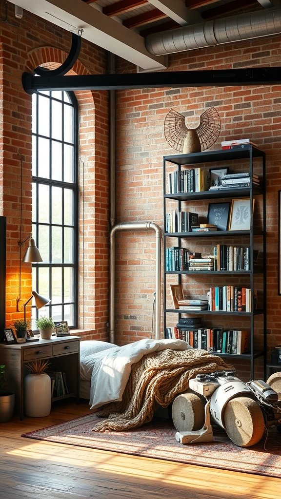 Metal shelving unit filled with books and decor against a brick wall in an industrial style bedroom