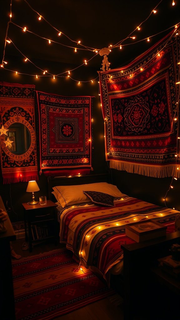 A dark boho bedroom featuring fairy lights and colorful tapestries on the walls, creating a warm and inviting atmosphere.