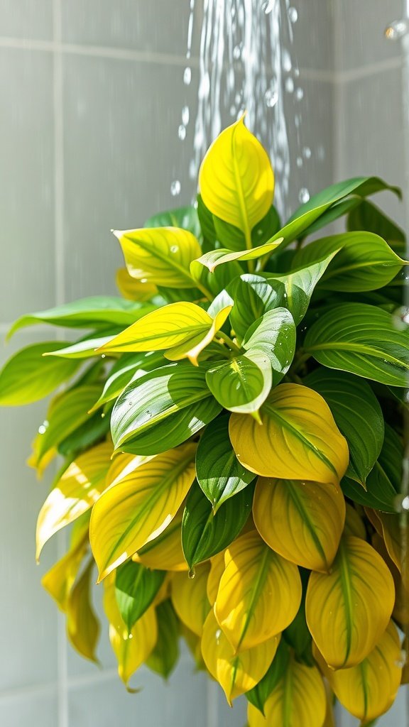 A lush Golden Pothos plant with vibrant green and yellow leaves hanging in a shower, with water droplets on the leaves.