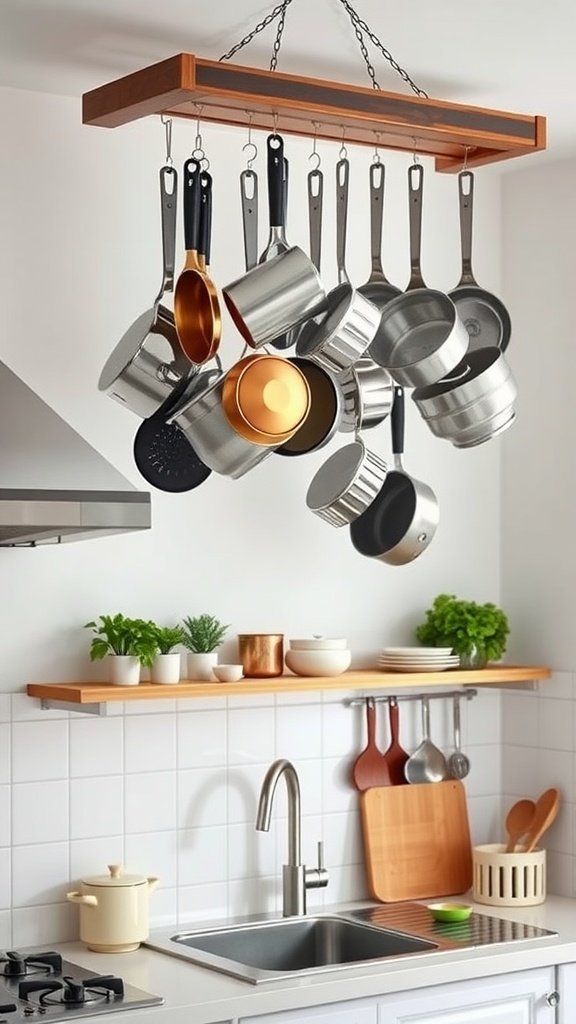 A hanging pot rack with various pots and pans suspended from the ceiling, providing both style and functionality in a small kitchen.