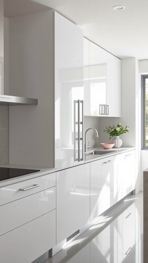 Modern kitchen featuring high gloss white cabinets with sleek design.