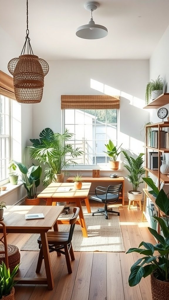 A bright and inviting office space with wooden furniture, hanging light fixtures, and abundant greenery.