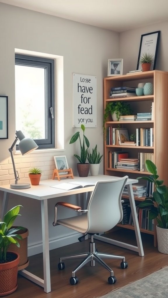 A bright and inspiring small home office setup with a white desk, comfortable chair, bookshelves filled with plants, and motivational wall art.