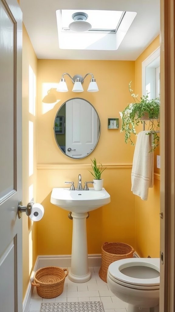 A small bathroom painted in light yellow with a skylight, plants, and white fixtures.