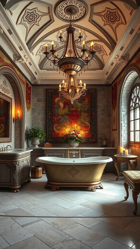 A luxurious medieval-inspired bathroom with a golden bathtub, intricate ceiling, and elegant decor.