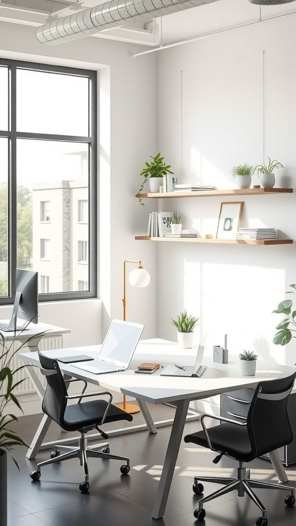 Minimalistic home office with a dual workspace and floating shelves