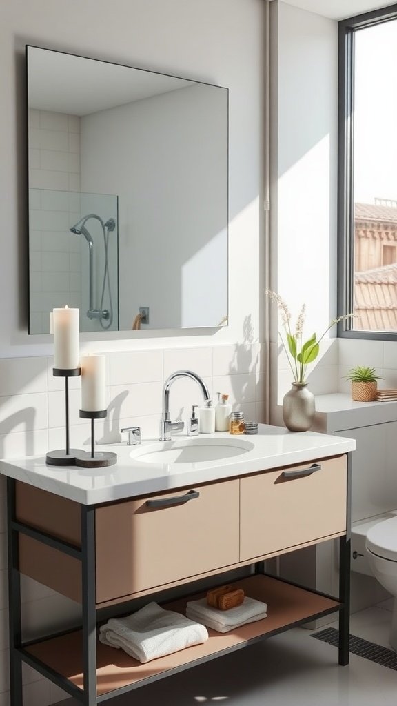 Modern bathroom with a two-tier vanity stand, featuring a white countertop and beige drawers, decorated with candles and a plant.