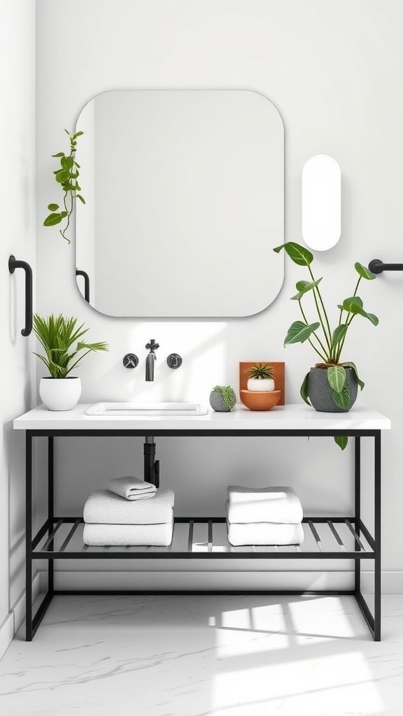 Modern bathroom countertop with plants and a two-tier vanity stand