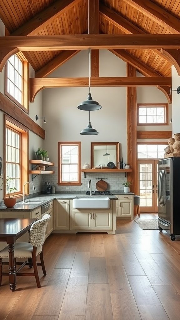 A rustic modern kitchen featuring wooden beams, large windows, cream cabinetry, and a farmhouse sink.