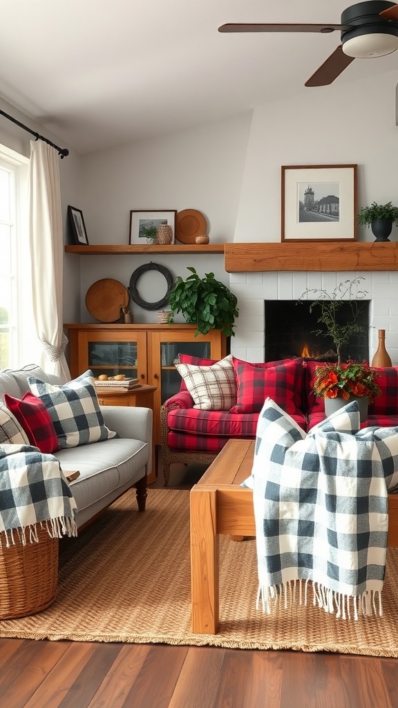 A cozy modern farmhouse living room featuring plaid and checkered patterns on cushions and throw blankets.