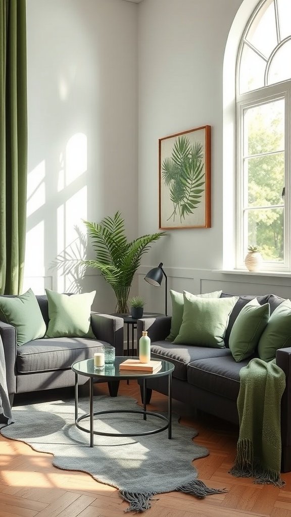 Living room featuring charcoal gray furniture and sage green decor, including cushions and plants.