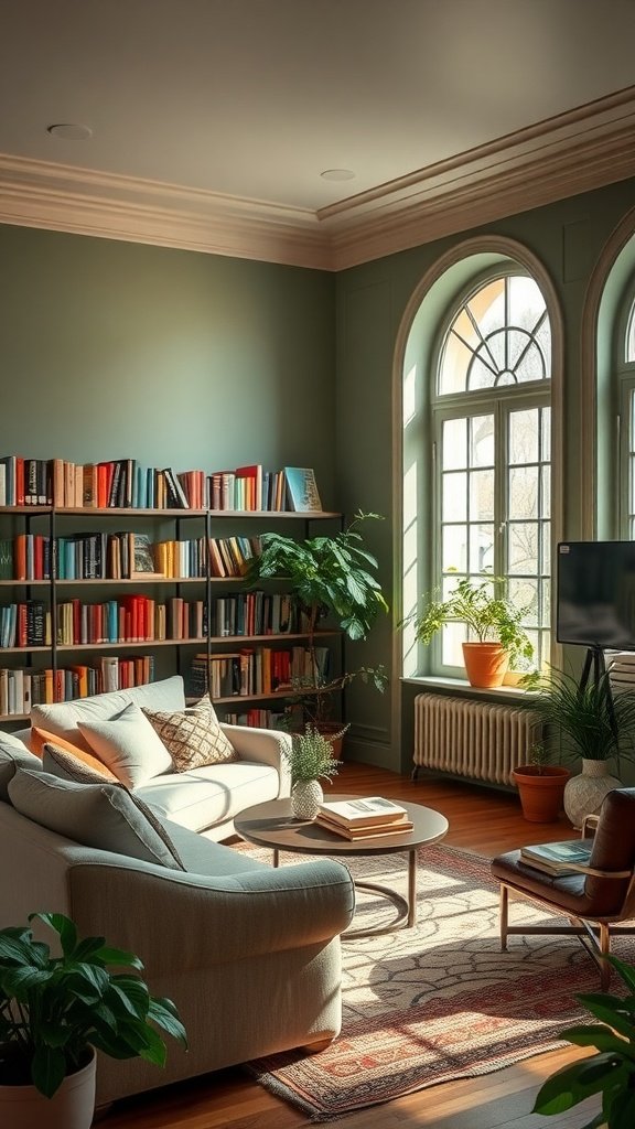 A cozy living room with sage green walls filled with bookshelves, a plush sofa, and natural light.