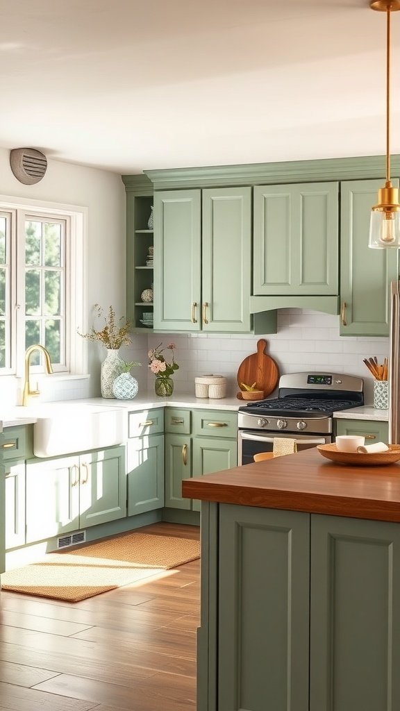 A kitchen with sage green cabinets from Sherwin Williams, featuring wooden accents and natural light.