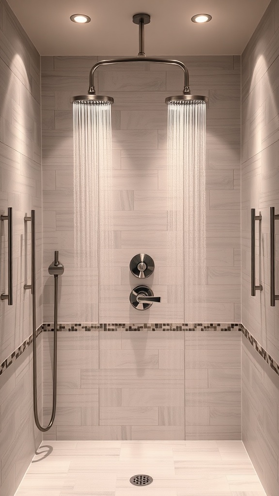A modern walk-in shower featuring side-by-side shower heads with cascading water in a stylish tiled space.