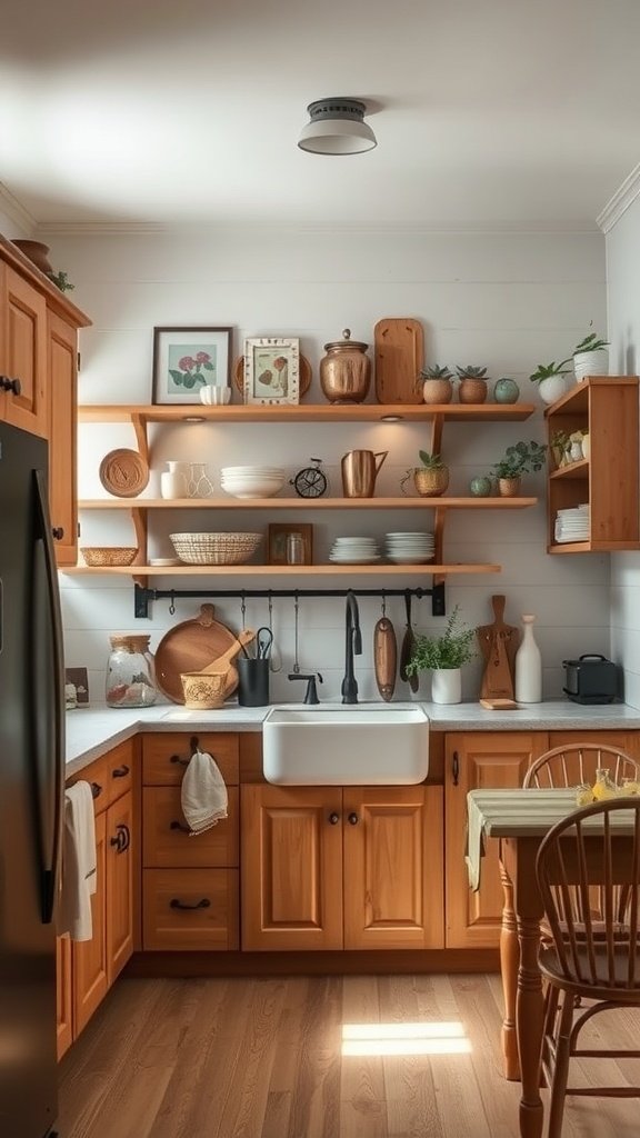 A cozy rustic kitchen featuring wooden cabinets, open shelving with decor, plants, a farmhouse sink, and a warm atmosphere.
