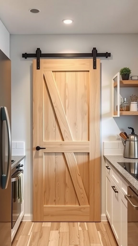 A wooden sliding barn door in a modern kitchen, showcasing space-saving design.