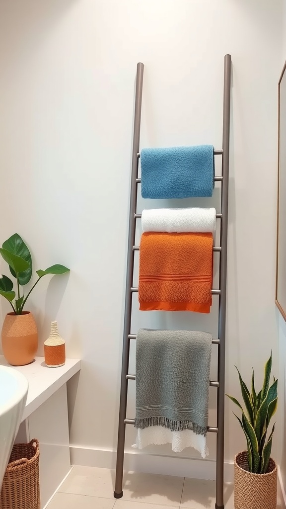 A stylish towel ladder holding colorful towels in a small bathroom setting