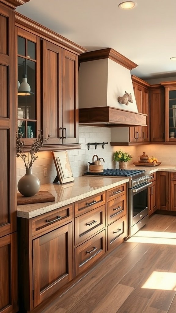 A modern kitchen with Tuscan-style wooden cabinets, sleek countertops, and decorative elements.