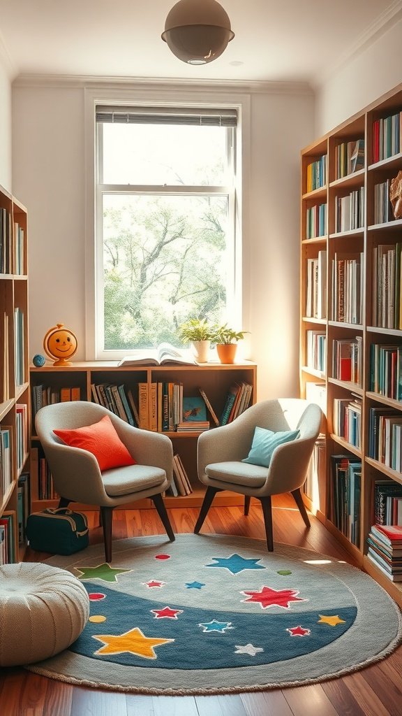 A cozy reading nook with two chairs and a colorful rug, surrounded by bookshelves.