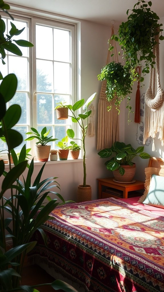 Boho bedroom with plants and colorful bedding