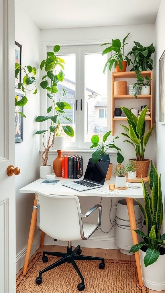 A cozy small home office with plants and a desk setup.