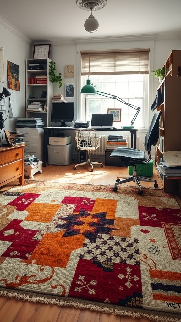 A cozy home office featuring a brightly colored patterned rug, desk, and two computer setups.