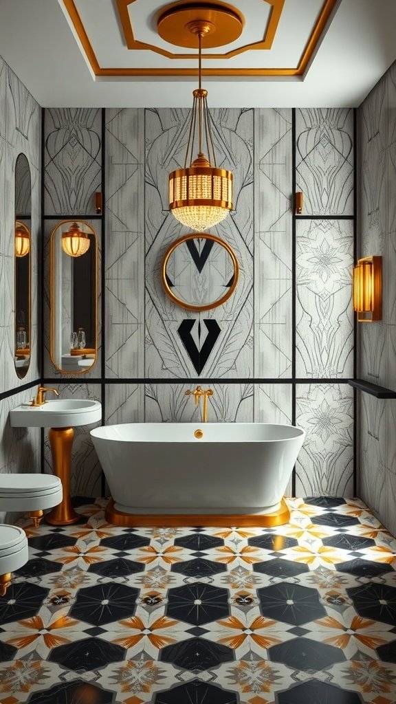A luxurious Art Deco bathroom featuring a freestanding bathtub, ornate patterned flooring, and gold accents.