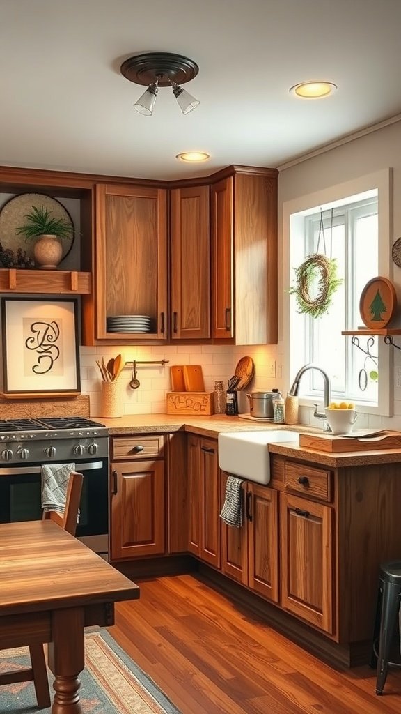 Wood kitchen with matching cabinets and flooring, showcasing a rustic design.