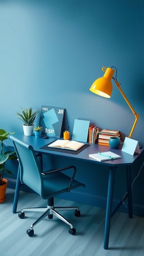 Cozy blue-themed desk setup with a yellow lamp and greenery.